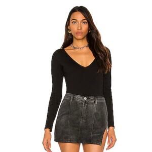 Lovers + Friends Long Sleeve Amza V-Neck Thong Bodysuit In Black Size XXS